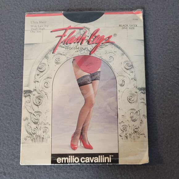Emilio Cavallini Flash Legs Ultra Sheer Black Wide Lace Top Thigh High One Size - Picture 1 of 9